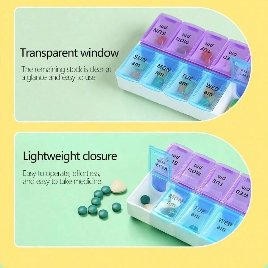 A pill organizer shown in a two-panel marketing graphic. The top panel highlights a transparent window with clear daily compartments labeled SUN through WED.