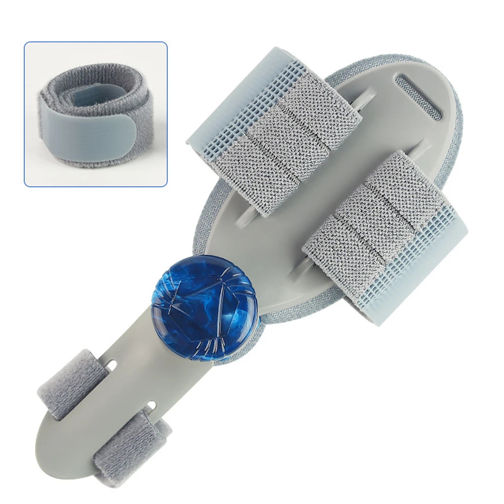 Gray wrist brace with blue button on a white background