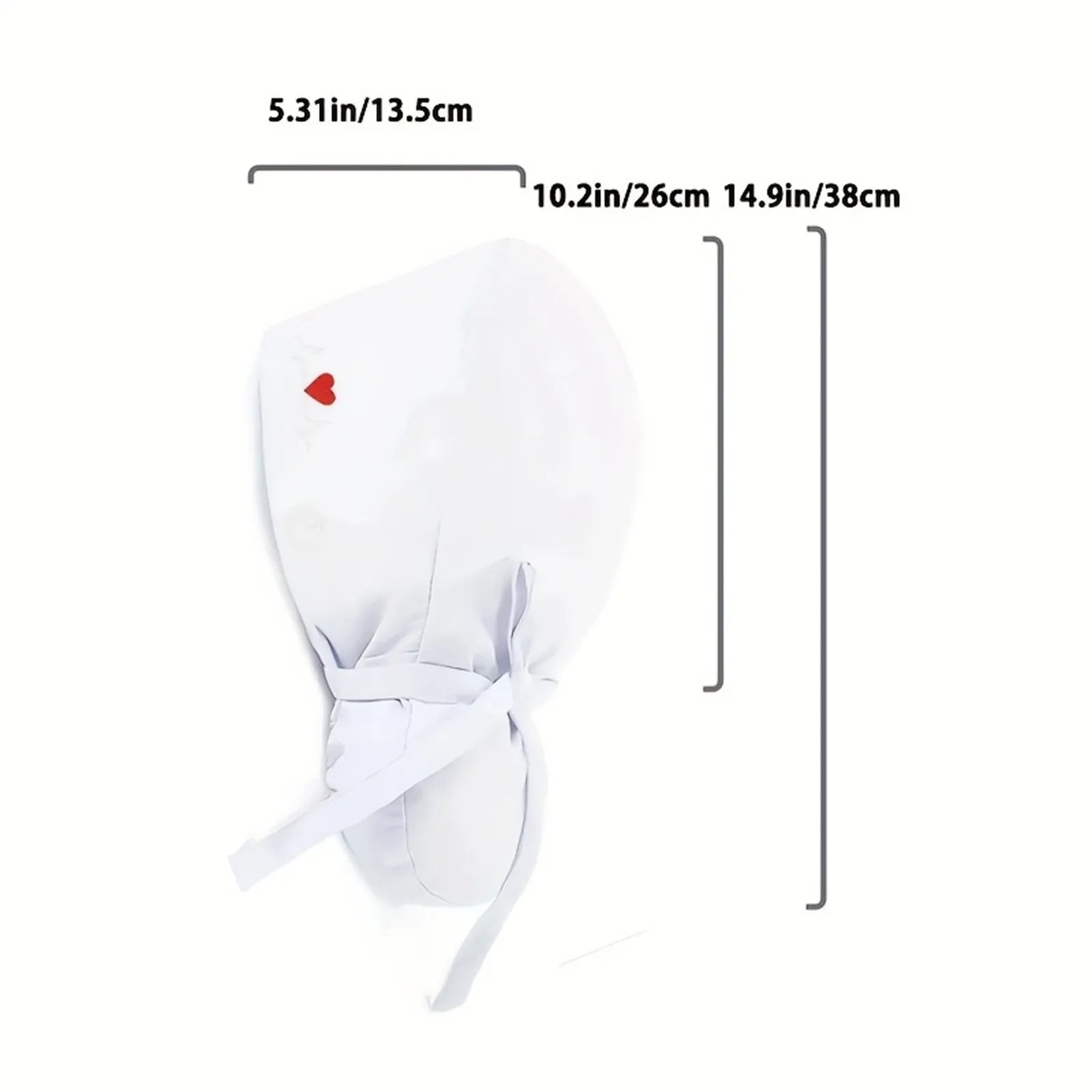 White bonnet with a small red heart detail, shown with dimension lines and text indicating measurements of 5.31in/13.