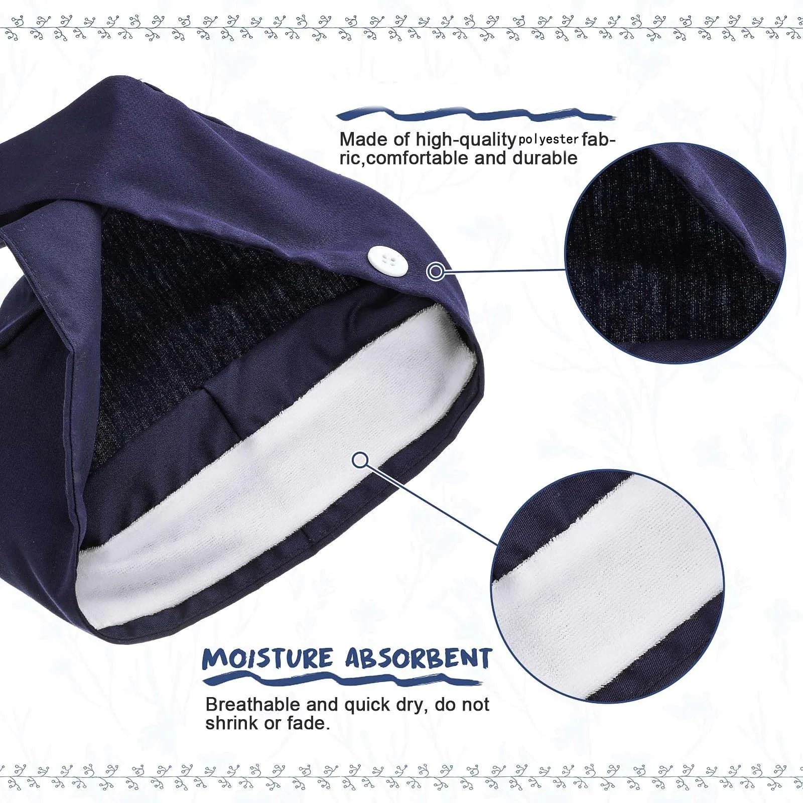 Close-up of a navy blue garment with a white moisture-absorbent lining, featuring two circular detail insets and text highlighting high-quality polyester fabric and moisture absorption.