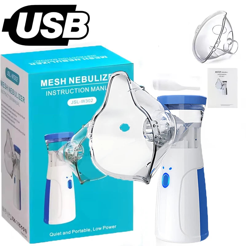 A USB-powered mesh nebulizer set shown with its blue retail box, clear face mask, white and blue handheld nebulizer, and an instruction manual on a white background. A large USB logo appears in the top left.