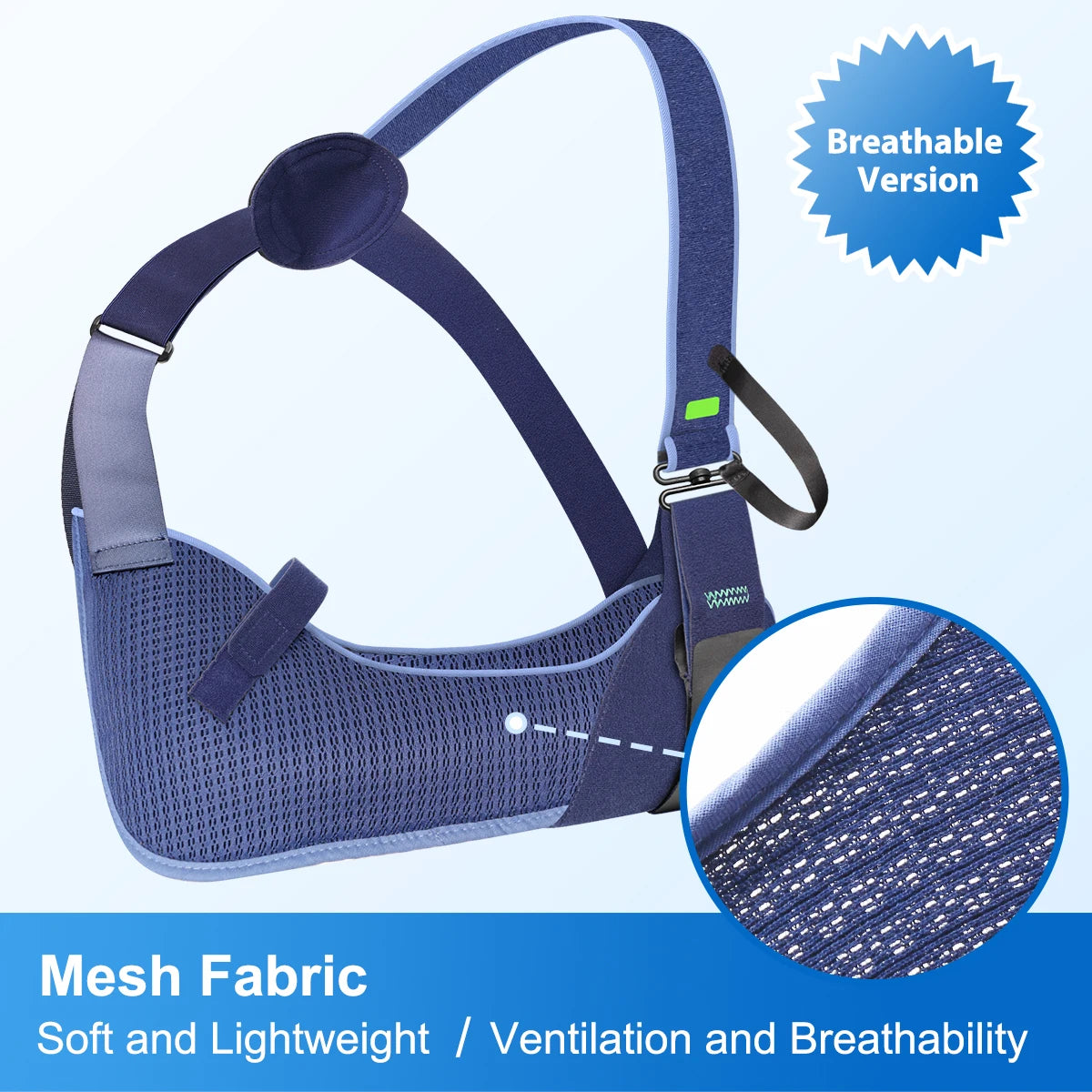 Blue mesh fabric dog muzzle with breathable version label on a light blue background