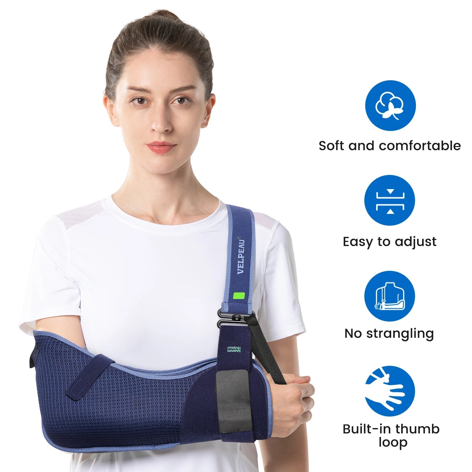 Woman wearing a blue shoulder brace with features listed on the right.