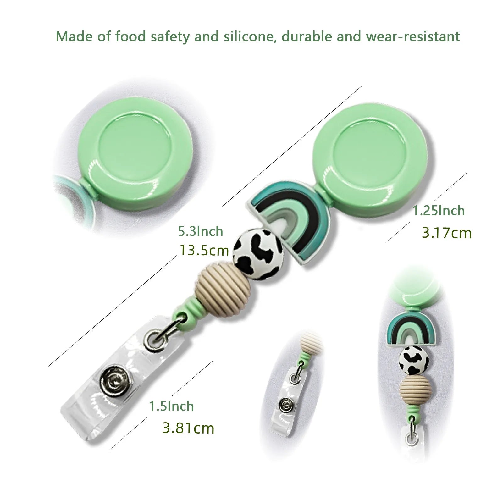 A mint green retractable badge reel with a clear plastic clip, decorative rainbow and wooden bead accents, and dimension callouts showing different reel sizes on a white background.