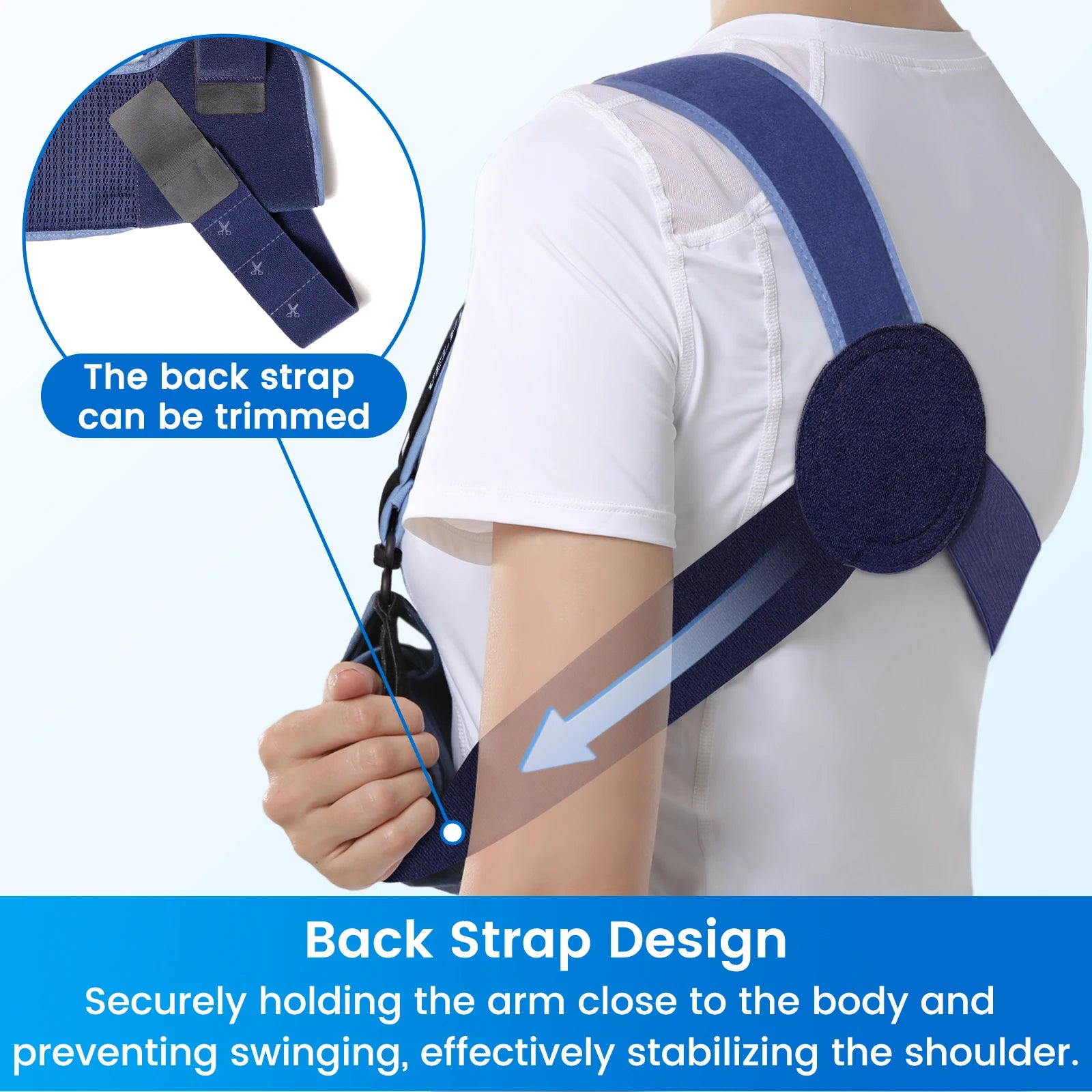 Navy blue shoulder brace with back strap design on a person wearing a white shirt.