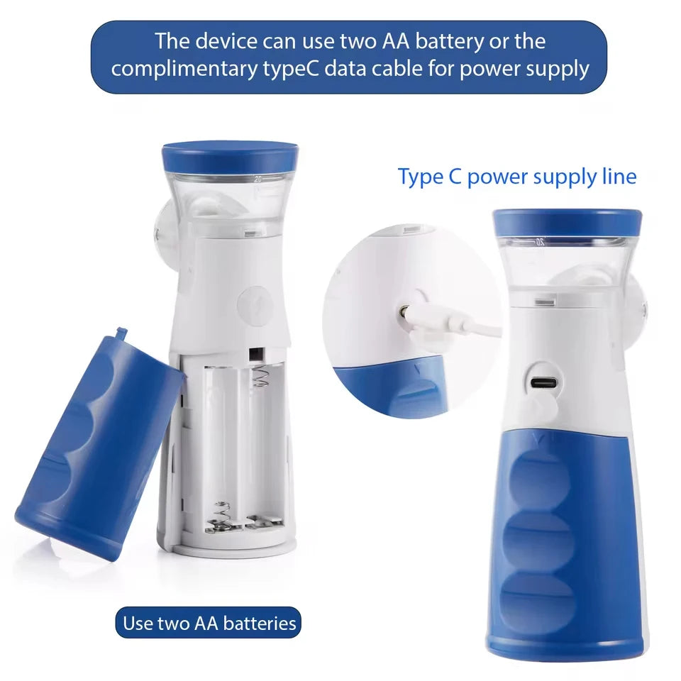 A blue and white portable electric toothbrush shown on a white background with explanatory text and callouts about using two AA batteries or a Type C power supply line. The image includes a side view, a front view, a close-up inset of the charging port, and blue text banners.